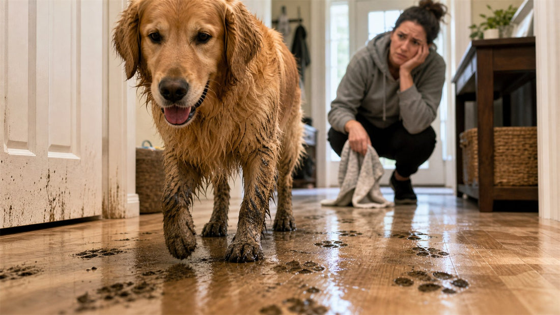 Muddy dog paws at the door before a no-rinse after-walk cleanup routine