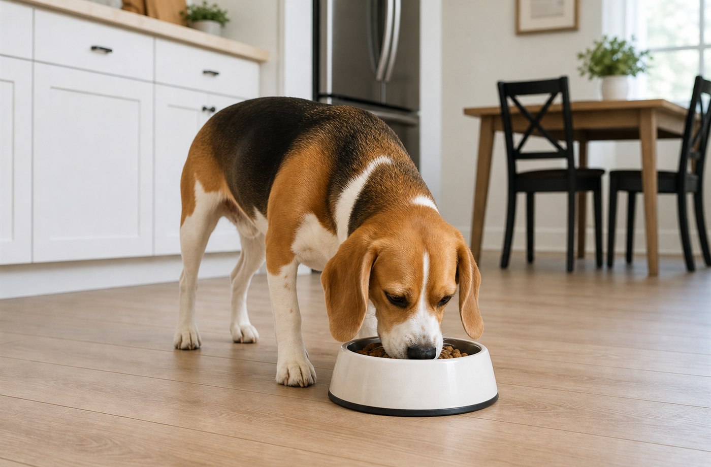 Dog eating near a bowl before a simple Dog Dad mealtime cleanup routine