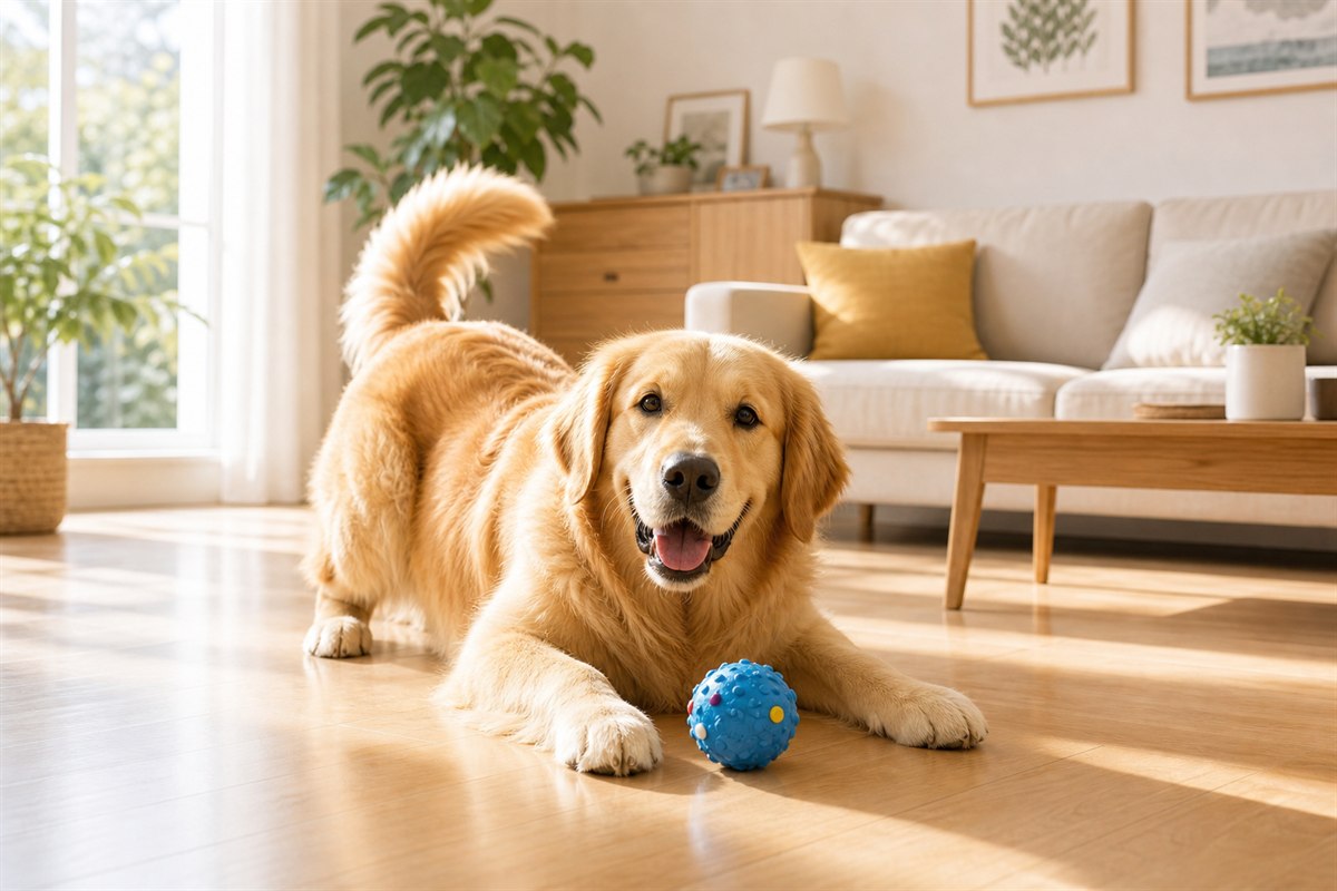 Golden retriever playing in a clean warm living room for a no-rinse pet cleaning routine