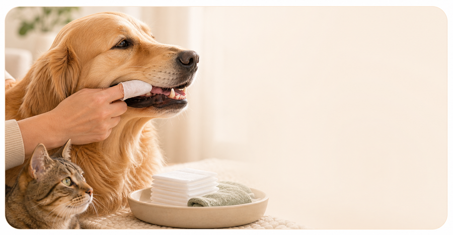 Dog and cat dental care collection with finger wipes and fresh breath support