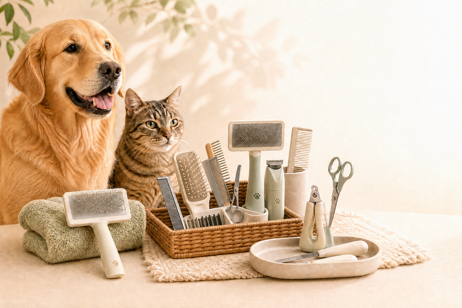 Pet grooming tools collection with brushes combs and paw cleaning essentials for dogs and cats
