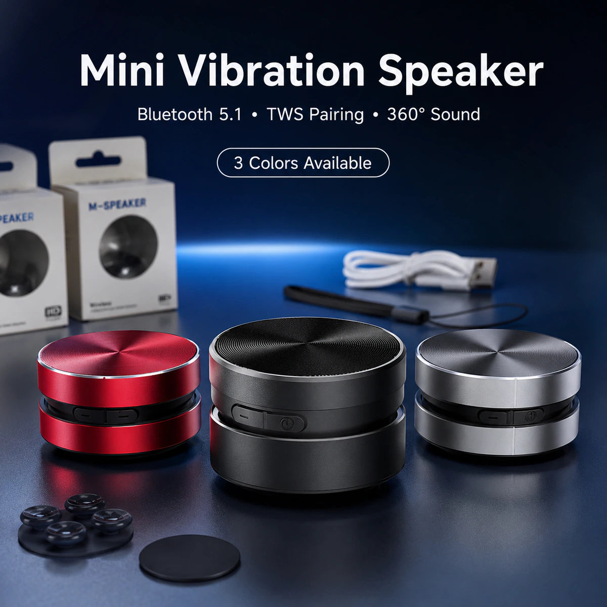 Mini vibration Bluetooth speaker in red, black and silver with included accessories