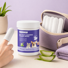 Pet Ear Cleaning Finger Wipes for Dogs & Cats - Gentle Ear Care Pads lifestyle and detail image for dog and cat ear care