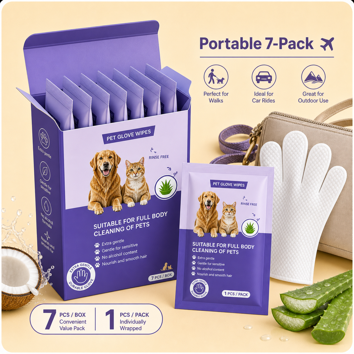 portable no-rinse pet glove wipes 7 count for dogs and cats - product image 3