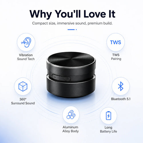 Portable vibration speaker with Bluetooth 5.1, TWS pairing and 360 degree sound
