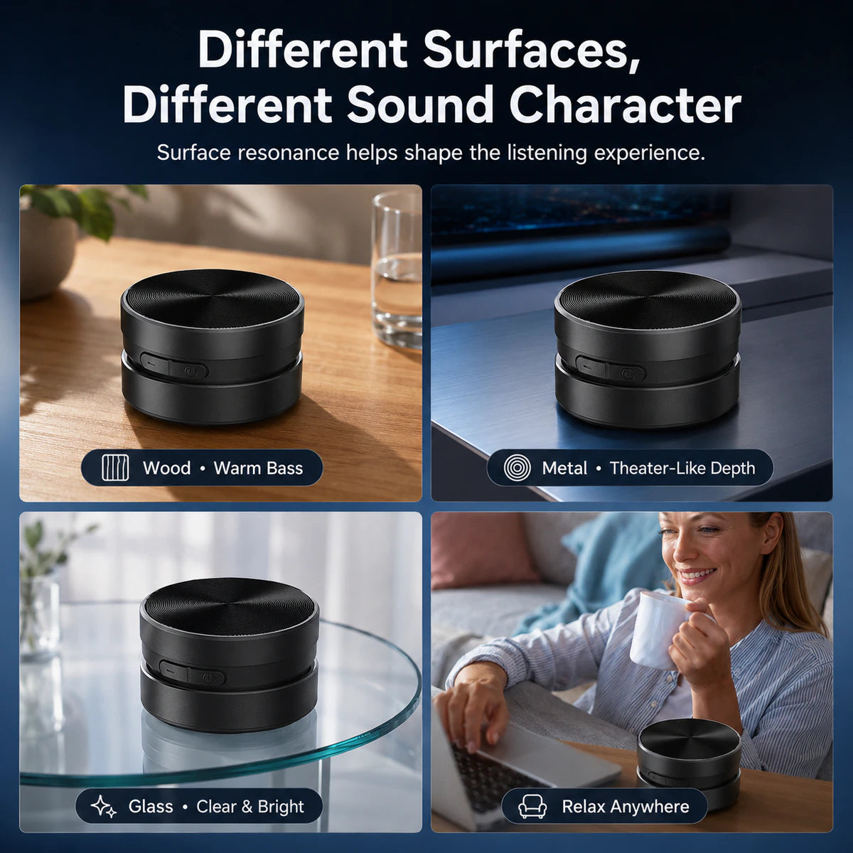 Vibration Bluetooth speaker used on wood, metal and glass surfaces