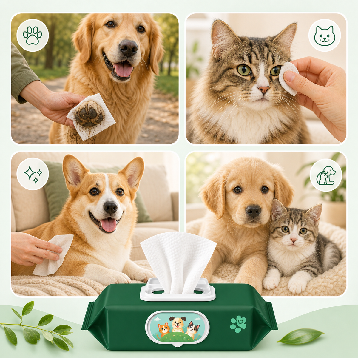 No-rinse pet grooming wipes for dogs and cats between baths