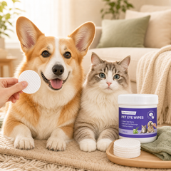Pet Eye Wipes for Dogs & Cats - Gentle Tear Stain Cleaning Wipes lifestyle and detail image for dog and cat tear stain care