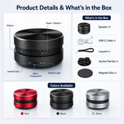 Mini Bluetooth speaker controls, USB-C accessories and red black silver colors