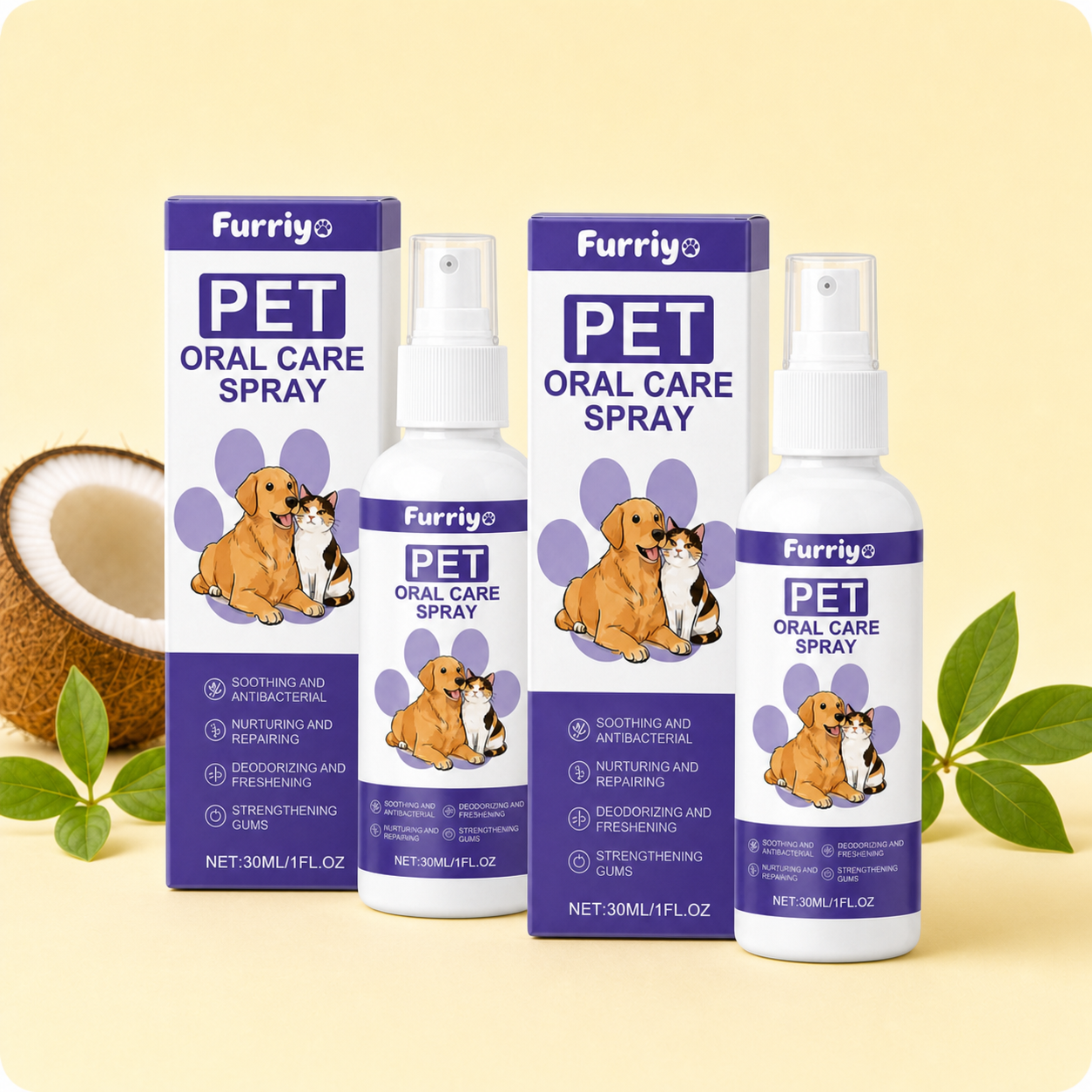 Pet Oral Care Spray for Dogs & Cats - Fresh Breath Support lifestyle and detail image for dog and cat oral care