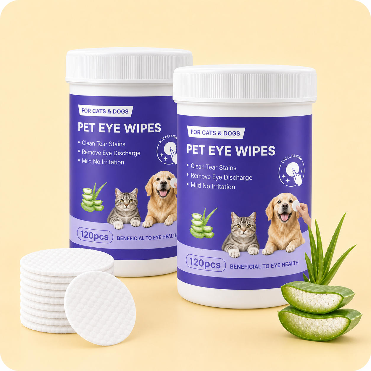 Pet Eye Wipes for Dogs & Cats - Gentle Tear Stain Cleaning Wipes lifestyle and detail image for dog and cat tear stain care