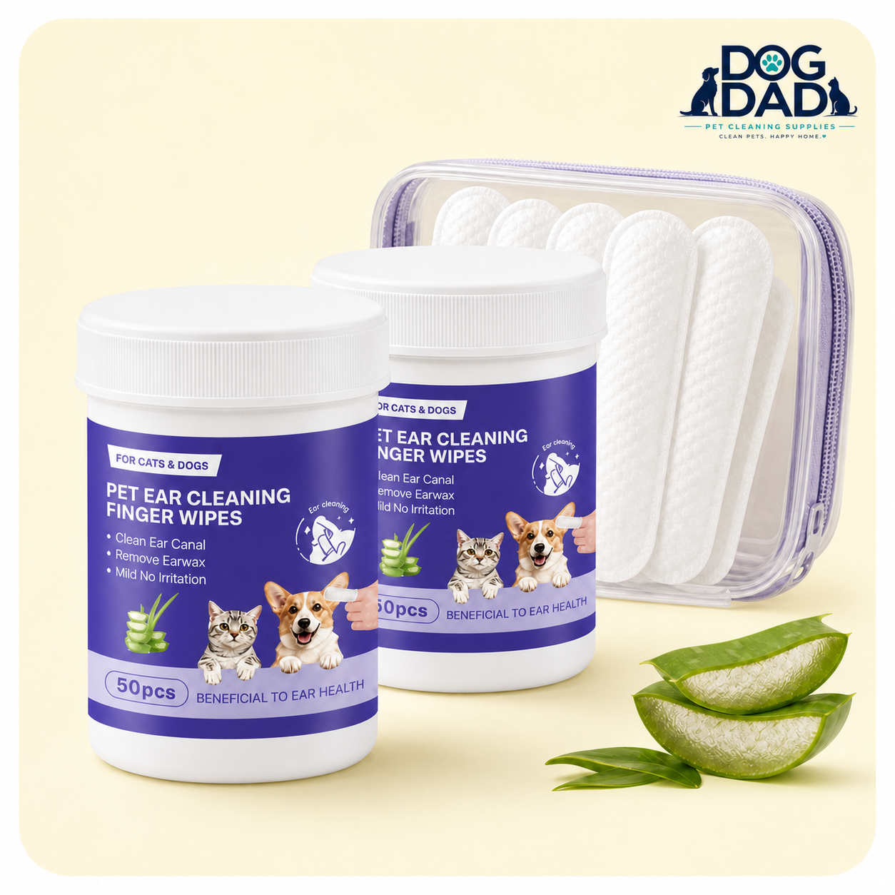 Pet Ear Cleaning Finger Wipes for Dogs & Cats - Gentle Ear Care Pads lifestyle and detail image for dog and cat ear care