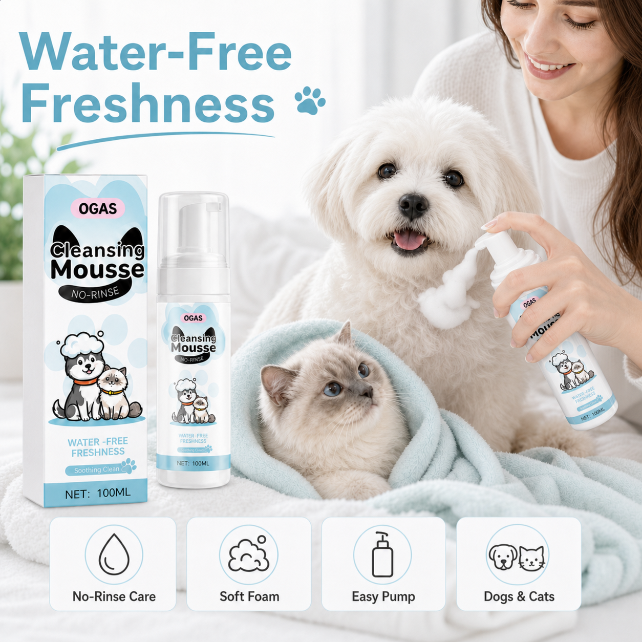 Waterless dog bath foam for quick coat refreshes between baths