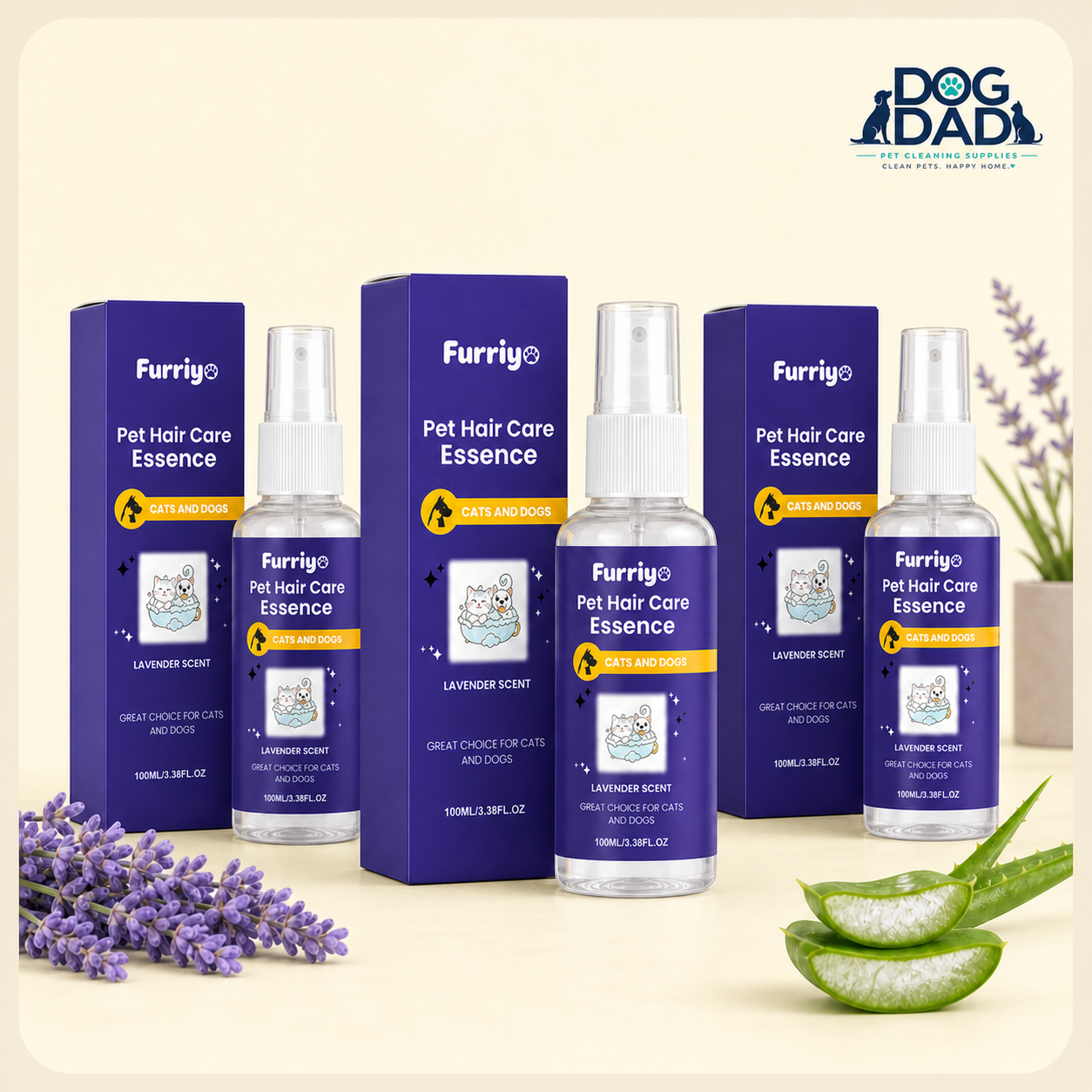 Pet Coat Care Spray for Dogs & Cats - Fresh Scent Grooming Spray lifestyle and detail image for dog and cat coat care