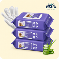 No-Rinse Pet Grooming Glove Wipes for Dogs & Cats - Easy Cleaning Mitts lifestyle and detail image for no-rinse dog and cat cleanup