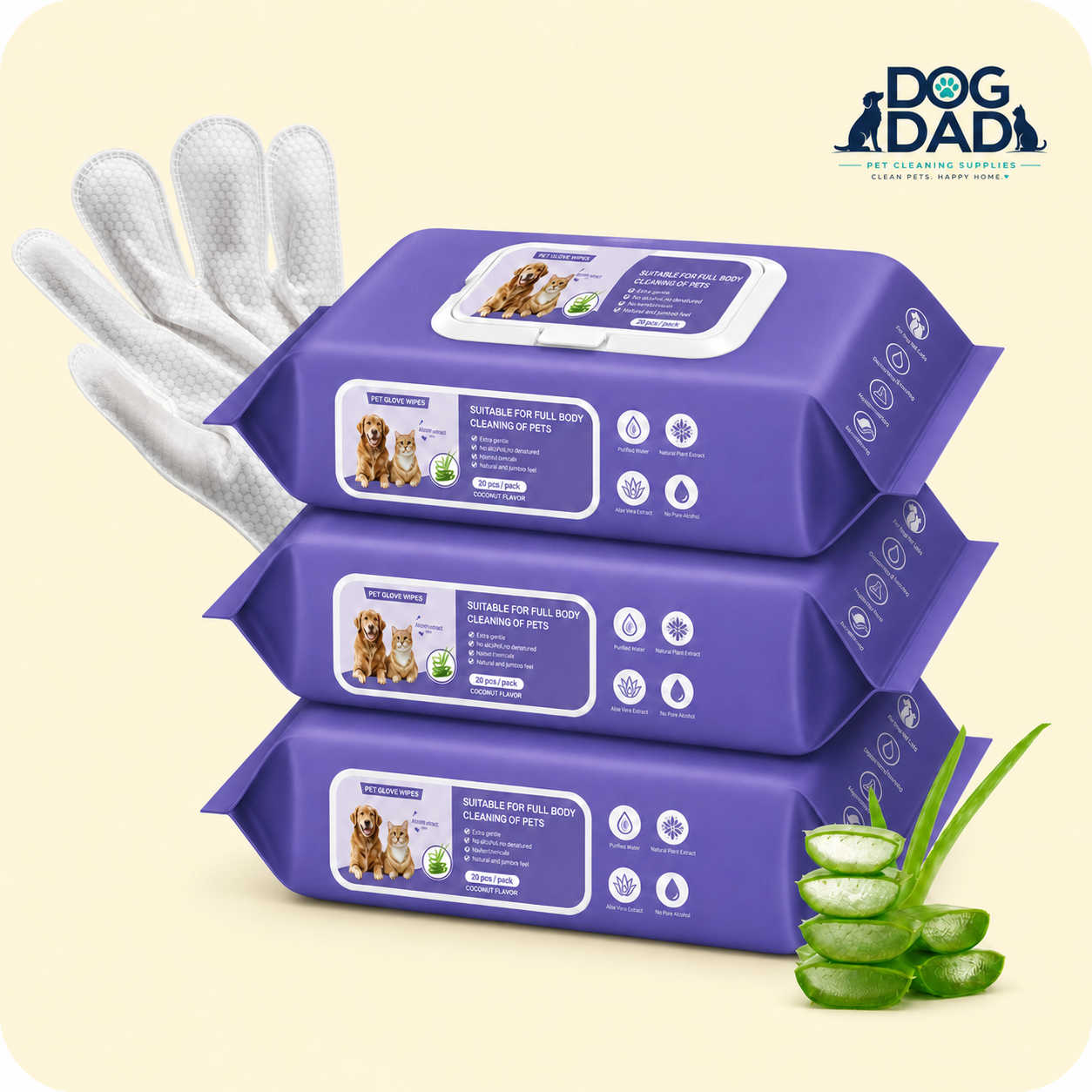 No-Rinse Pet Grooming Glove Wipes for Dogs & Cats - Easy Cleaning Mitts lifestyle and detail image for no-rinse dog and cat cleanup