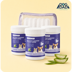 Pet Ear Cleaning Finger Wipes for Dogs & Cats - Gentle Ear Care Pads lifestyle and detail image for dog and cat ear care