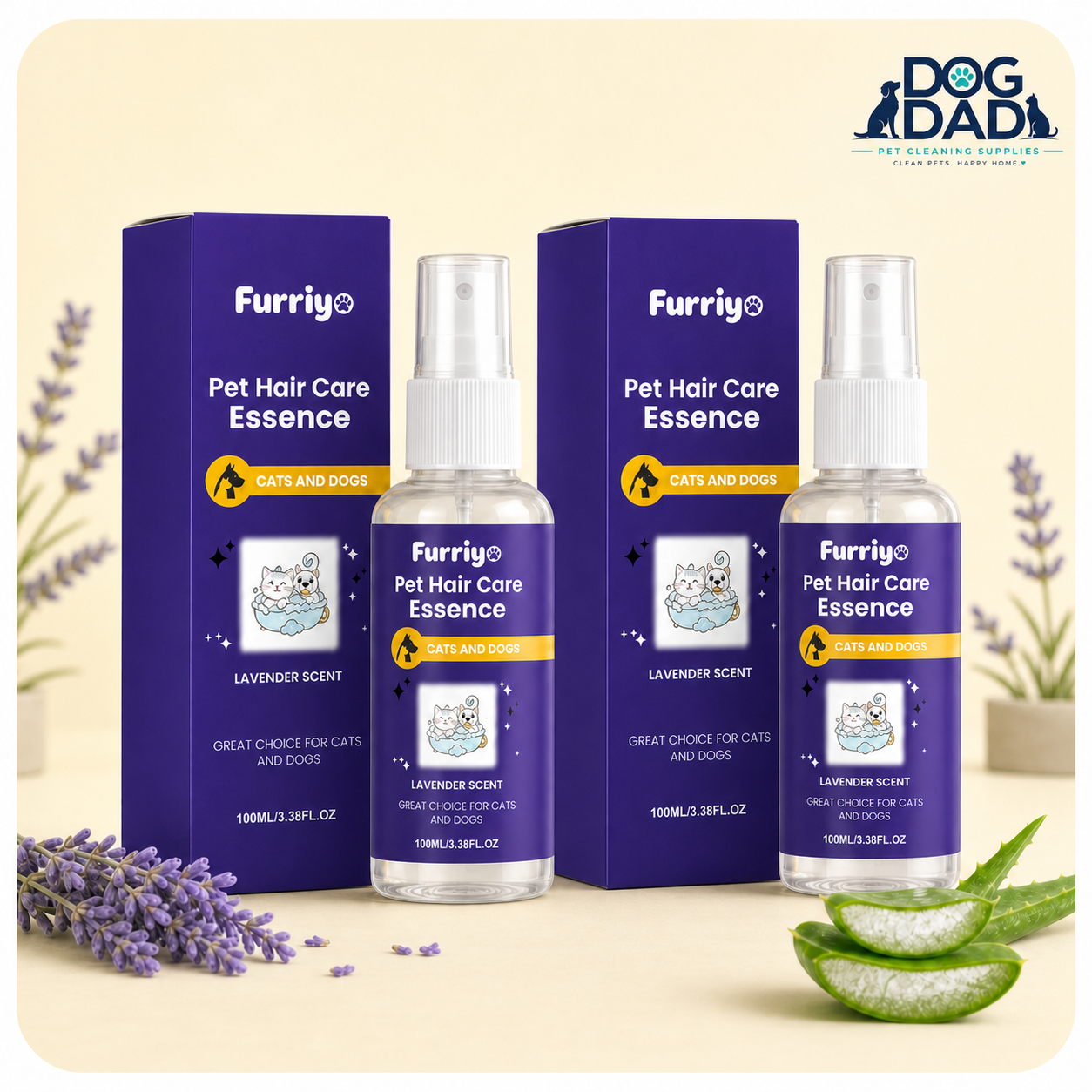 Pet Coat Care Spray for Dogs & Cats - Fresh Scent Grooming Spray lifestyle and detail image for dog and cat coat care