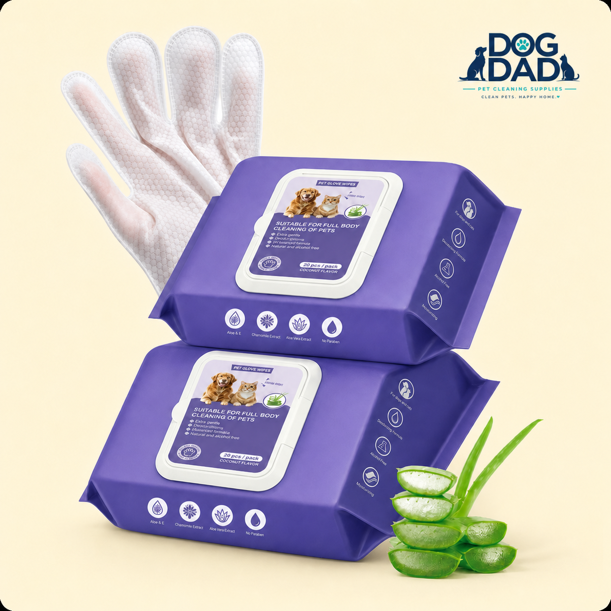 No-Rinse Pet Grooming Glove Wipes for Dogs & Cats - Easy Cleaning Mitts lifestyle and detail image for no-rinse dog and cat cleanup
