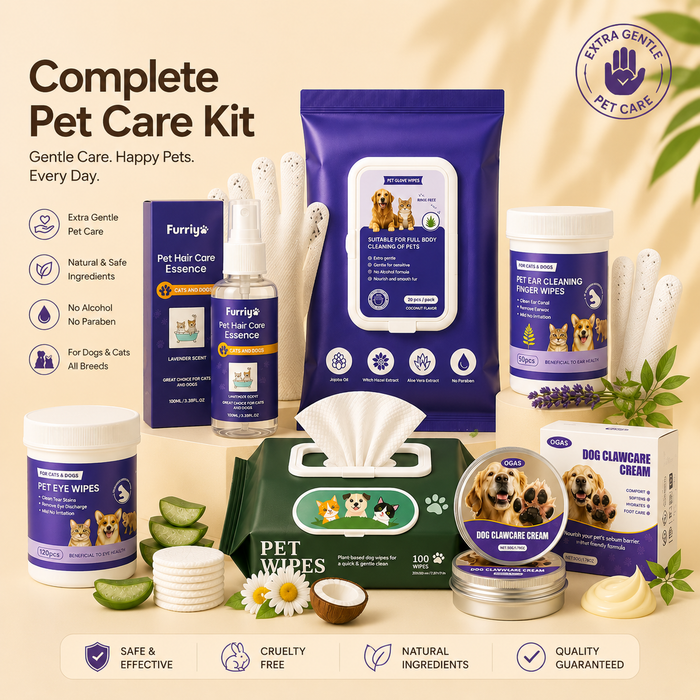 Complete pet cleaning kit for dogs and cats with wipes coat spray eye care ear care and paw balm