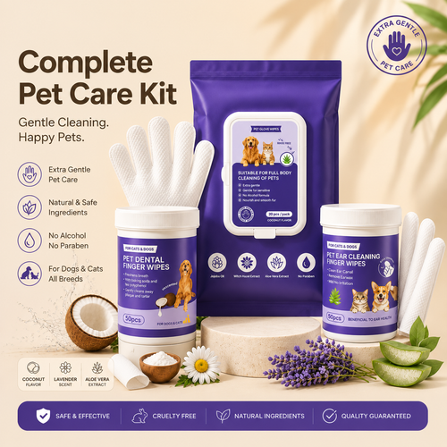 Daily pet cleaning starter kit for dogs and cats with glove wipes dental wipes and ear cleaning wipes