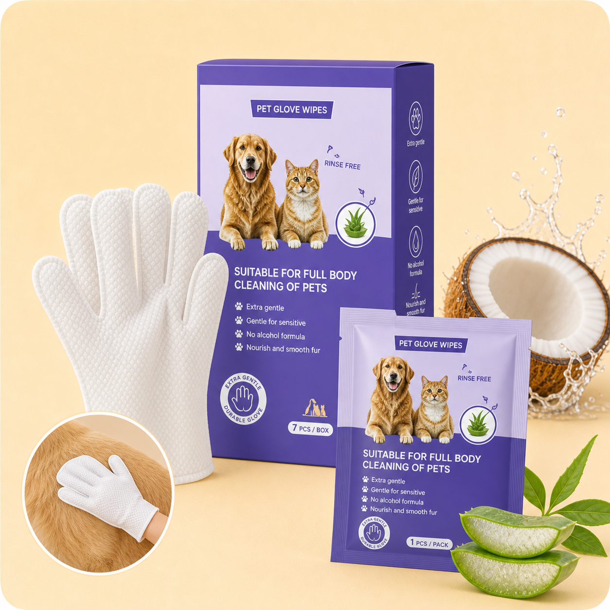 No-Rinse Pet Glove Wipes Portable Pack - 7 Count - Dog Dad pet cleaning product main image