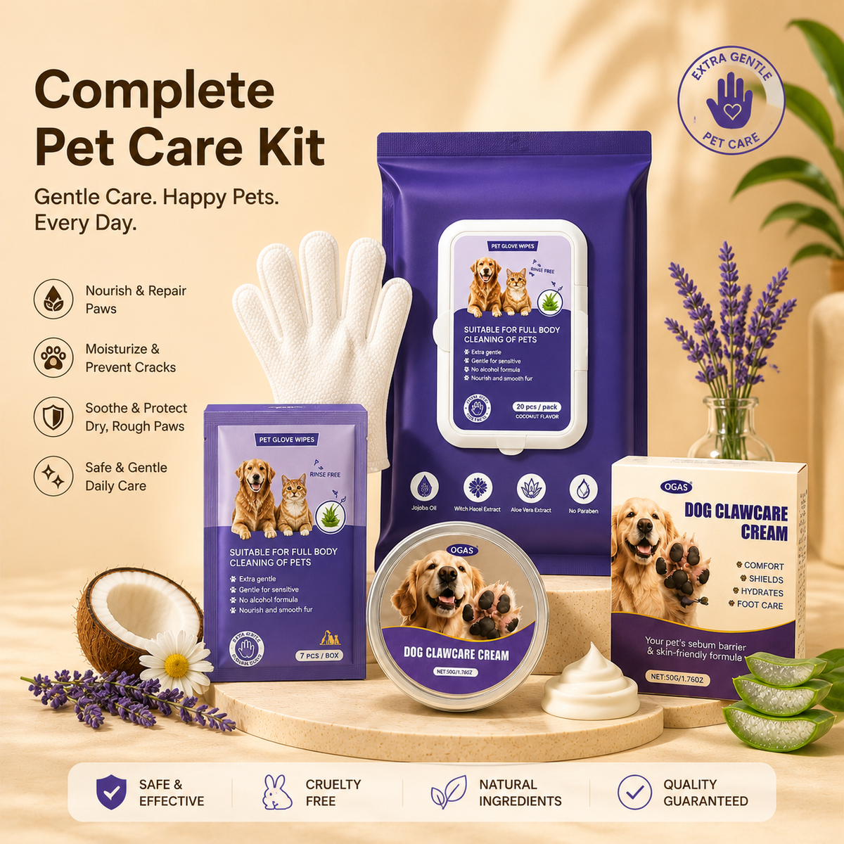 Muddy paws quick clean kit with pet glove wipes portable wipes and paw balm for dogs and cats