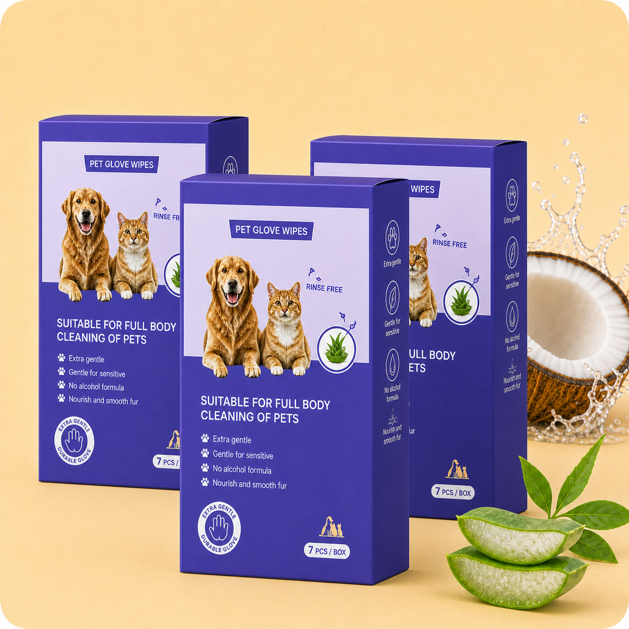 No-Rinse Pet Glove Wipes Portable Pack - 7 Count lifestyle and detail image for no-rinse dog and cat cleanup