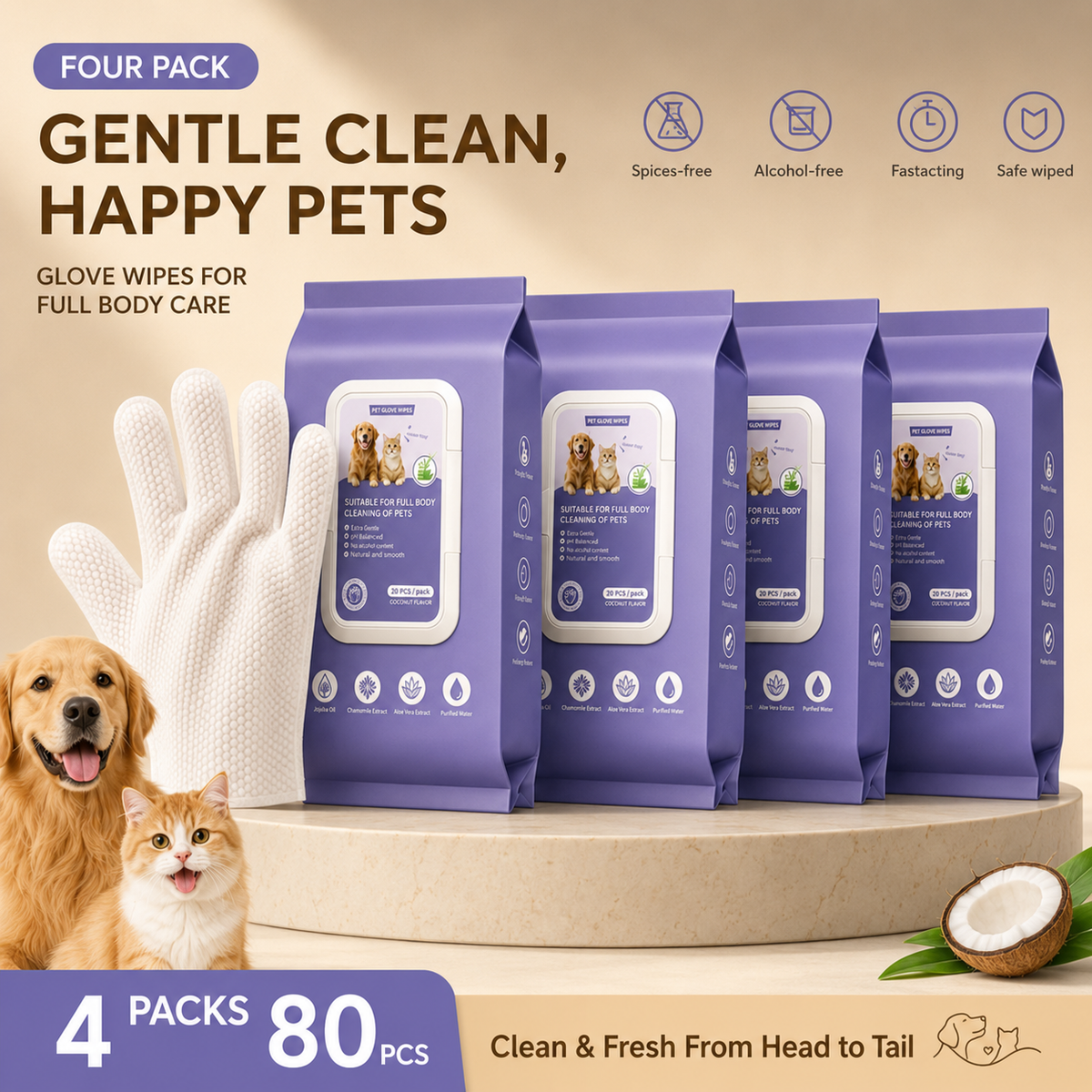 No-rinse pet grooming glove wipes bundle for dogs and cats - 4 pack 80 count cleaning mitts