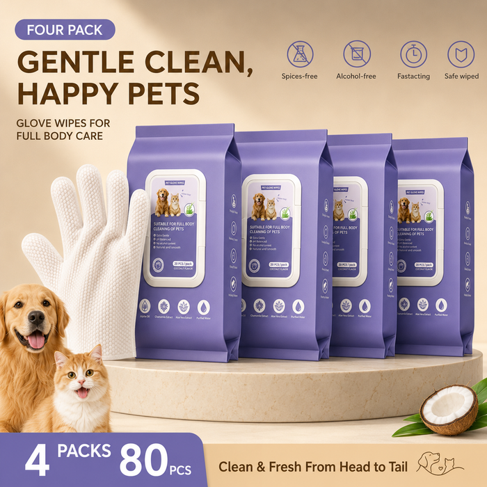 No-rinse pet grooming glove wipes bundle for dogs and cats - 4 pack 80 count cleaning mitts