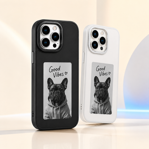 Smart E-Ink NFC phone case in black and white