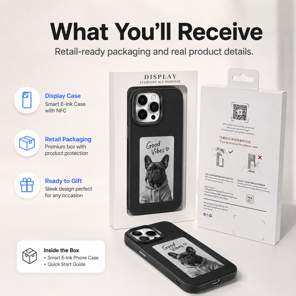 Smart E-Ink phone case packaging and box contents