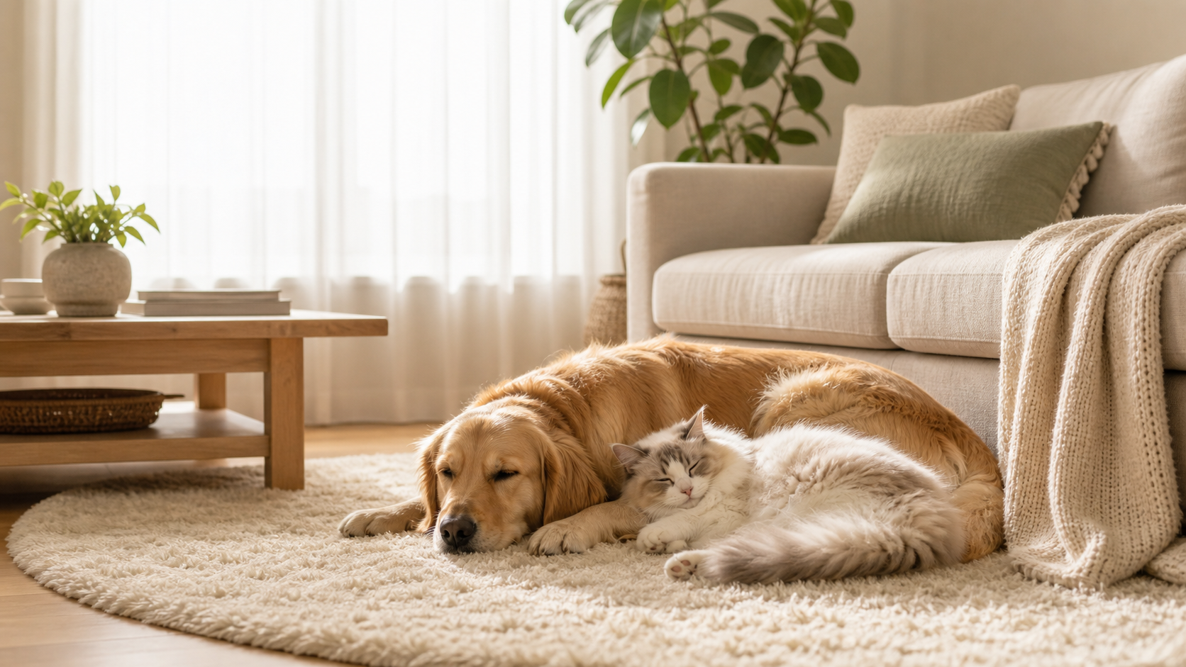 Cozy clean home with a dog and cat resting together after daily pet care