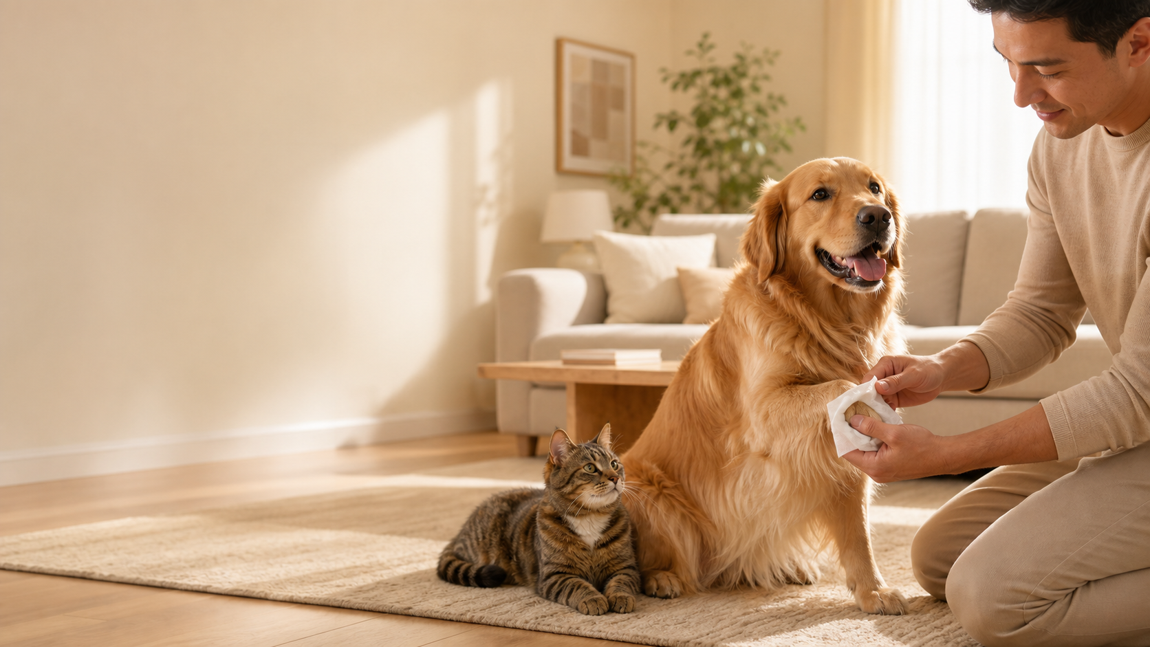 Dog and cat relaxing at home while a pet parent cleans a dog paw with a grooming wipe