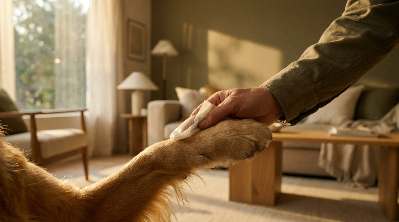 Dog paw being cleaned with pet grooming wipes in a warm living room