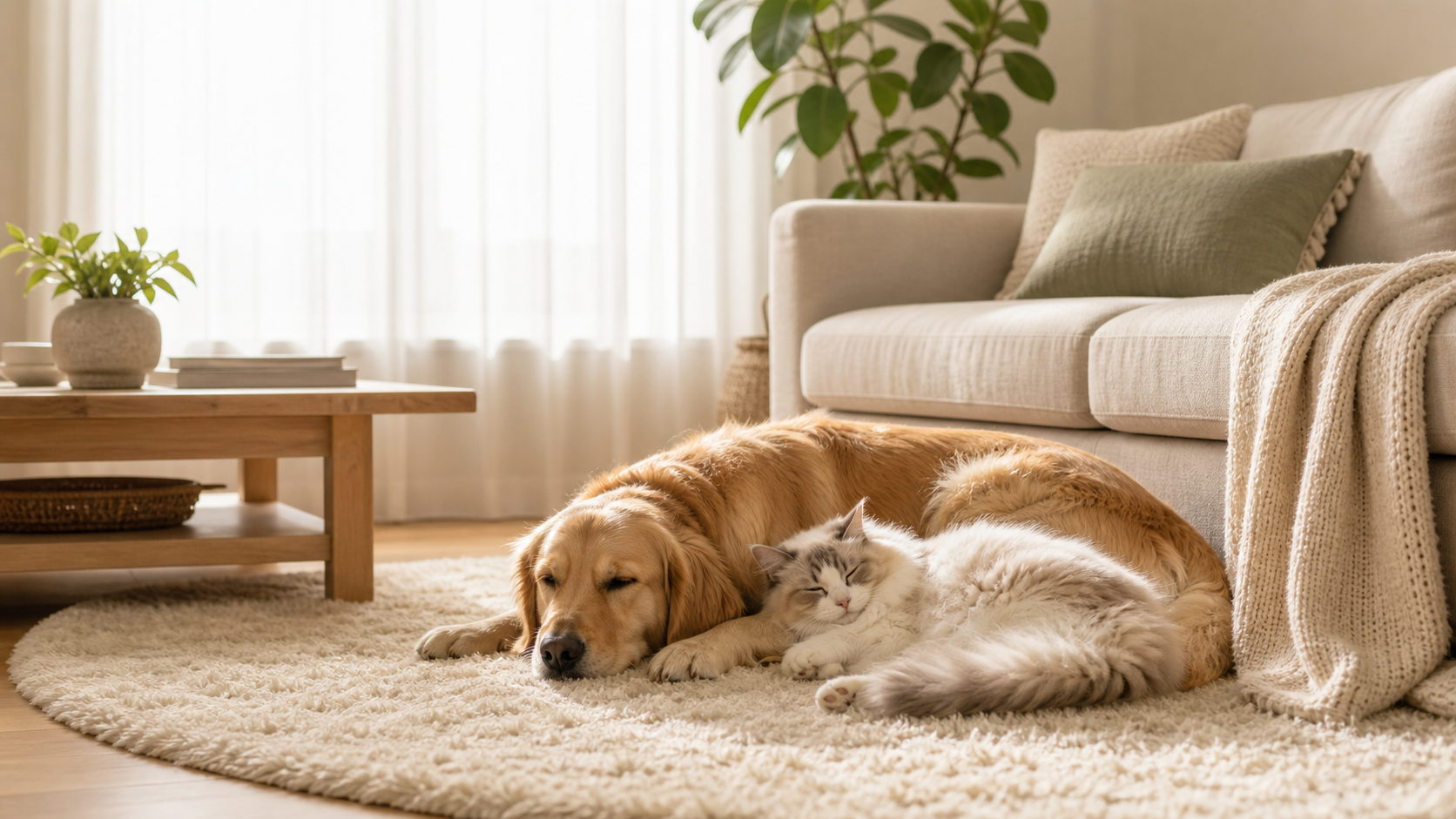 Cozy clean home with a dog and cat resting together after daily pet care