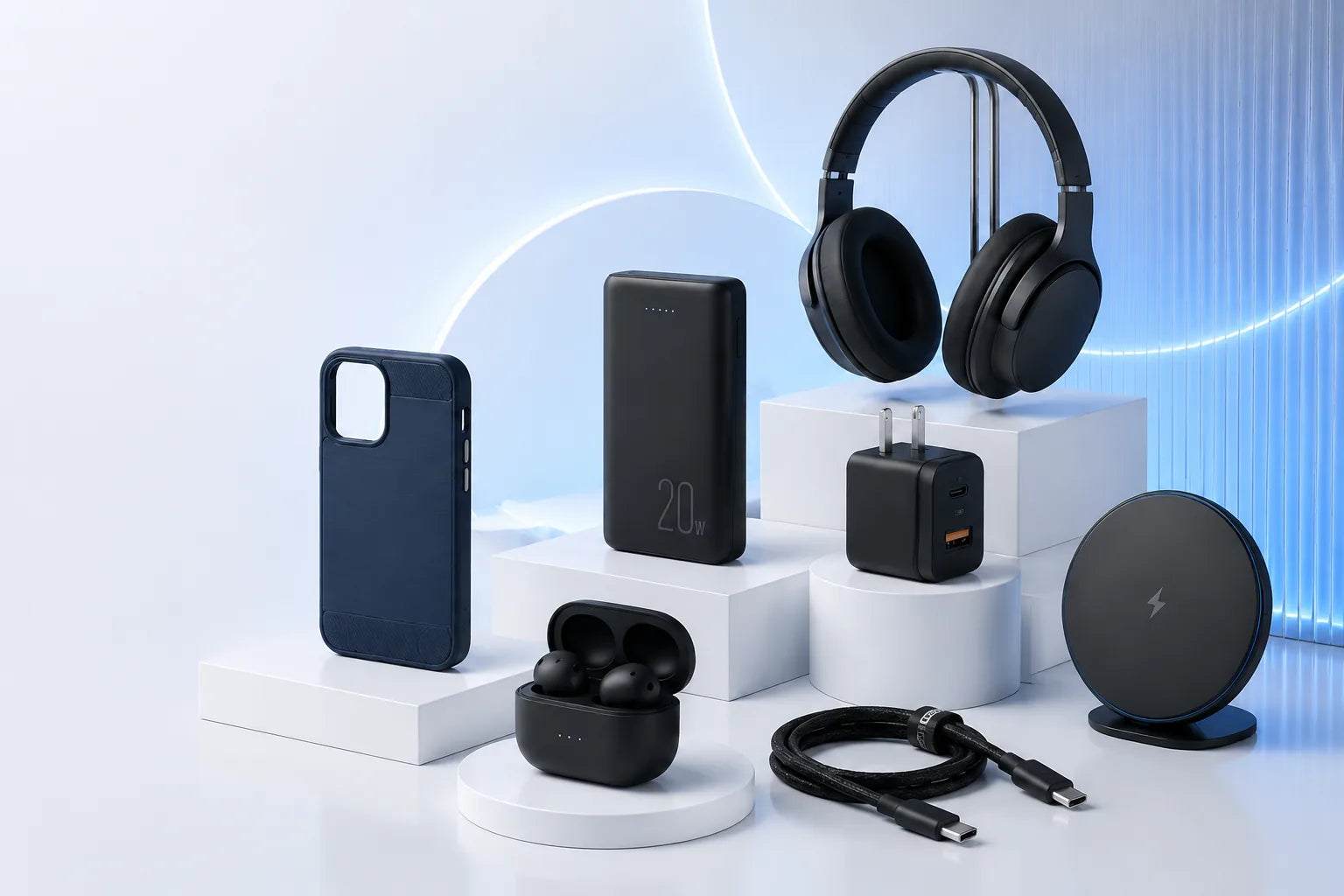 DOGDAD TECH wireless earbuds, headphones, chargers, power bank, cable, and phone case